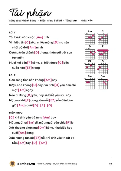 Hợp âm Tủi phận (Phi Nhung) – bản nhạc PDF trang 1, tông Am