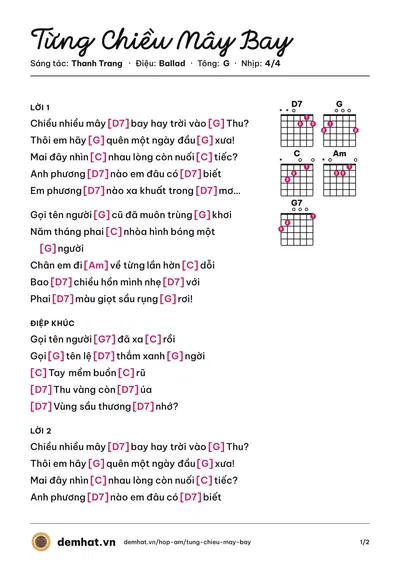 Hợp âm Từng Chiều Mây Bay (Vũ Trung Hiền) – bản nhạc PDF trang 1, tông G