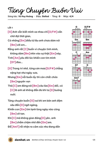 Hợp âm Từng Chuyện Buồn Vui (Ưng Đại Vệ) – bản nhạc PDF trang 1, tông G