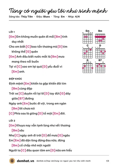 Hợp âm Từng có người yêu tôi như sinh mệnh (Thủy Tiên) – bản nhạc PDF trang 1, tông Em
