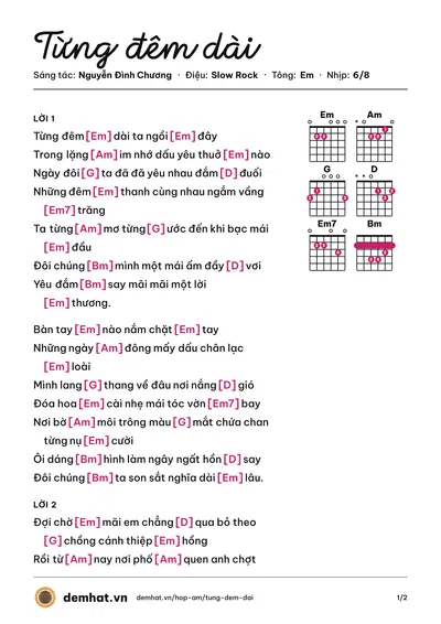Hợp âm Từng đêm dài (Nguyễn Đình Chương) – bản nhạc PDF trang 1, tông Em