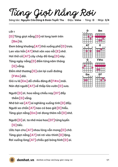 Hợp âm Từng Giọt Nắng Rơi (Carol Thủy) – bản nhạc PDF trang 1, tông D