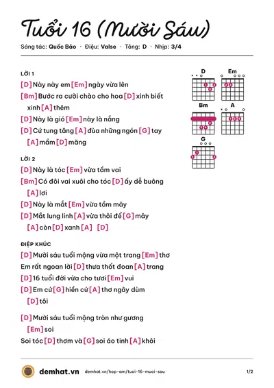 Hợp âm Tuổi 16 (Mười Sáu) (Trần Thu Hà) – bản nhạc PDF trang 1, tông D