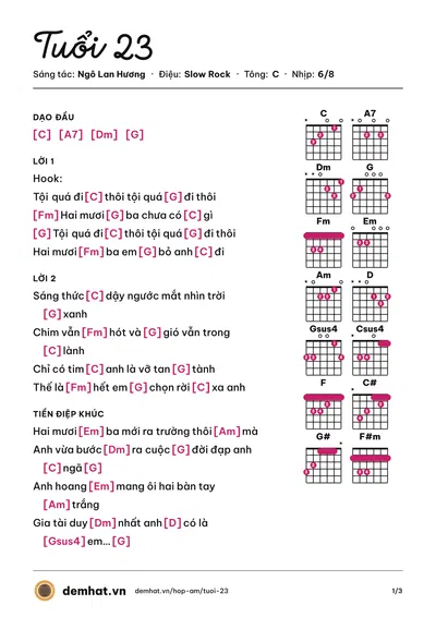 Hợp âm Tuổi 23 (Ngô Lan Hương) – bản nhạc PDF trang 1, tông C