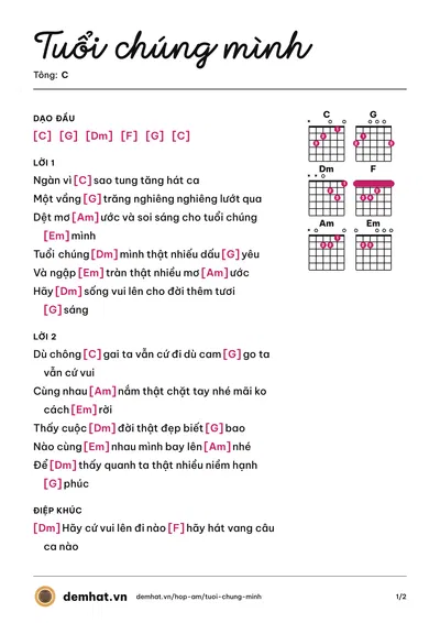 Hợp âm Tuổi chúng mình (Xuân Mai) – bản nhạc PDF trang 1, tông C
