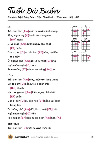 Hợp âm Tuổi Đá Buồn (Khánh Ly) – bản nhạc PDF trang 1, tông Am