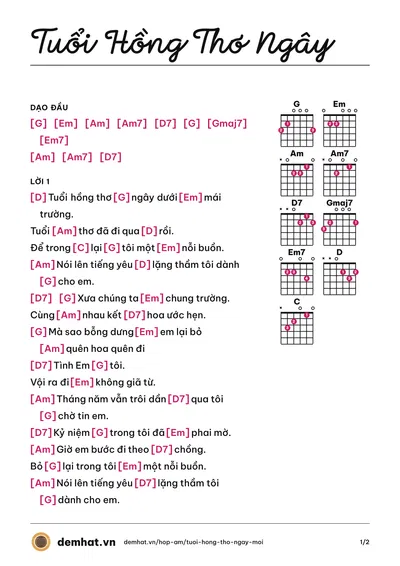 Hợp âm Tuổi Hồng Thơ Ngây (Môi) – bản nhạc PDF trang 1