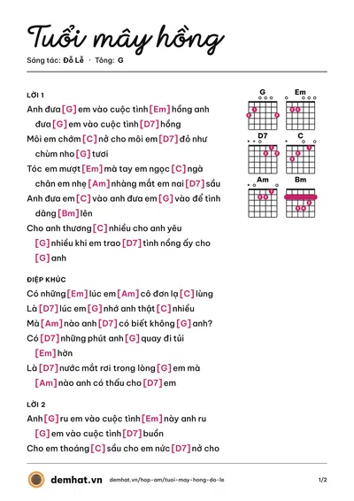 Hợp âm Tuổi mây hồng (Như Mai) – bản nhạc PDF trang 1, tông G