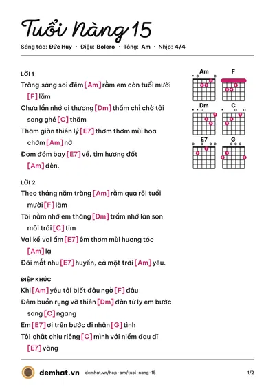 Hợp âm Tuổi Nàng 15 (Ngô Quốc Linh) – bản nhạc PDF trang 1, tông Am