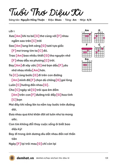 Hợp âm Tuổi Thơ Diệu Kì (Ánh Thu) – bản nhạc PDF trang 1, tông Am