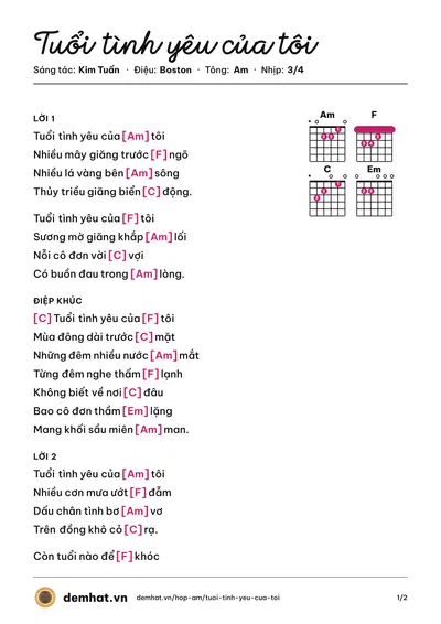 Hợp âm Tuổi tình yêu của tôi (Diệu Hiền) – bản nhạc PDF trang 1, tông Am