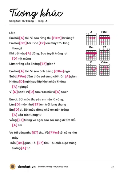 Hợp âm Tương khúc (Nguyên Vũ) – bản nhạc PDF trang 1, tông A