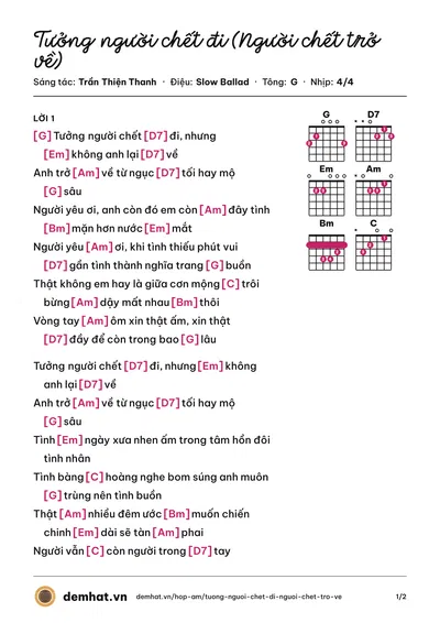Hợp âm Tưởng người chết đi (Người chết trở về) (Hương Lan) – bản nhạc PDF trang 1, tông G
