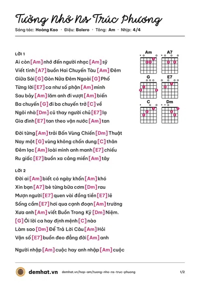 Hợp âm Tưởng Nhớ Ns Trúc Phương (Hoàng Kao) – bản nhạc PDF trang 1, tông Am