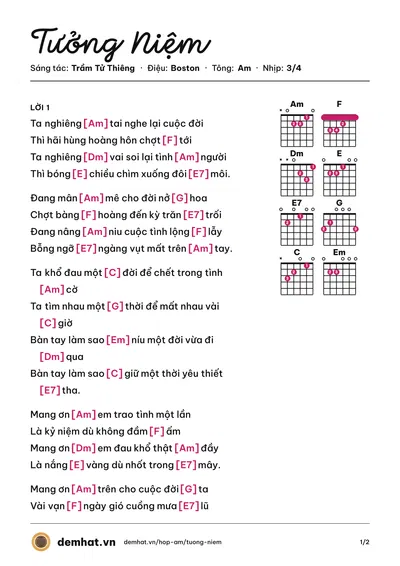 Hợp âm Tưởng Niệm (Tuấn Ngọc) – bản nhạc PDF trang 1, tông Am