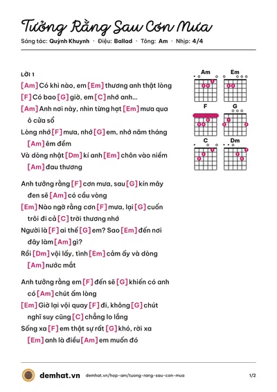 Hợp âm Tưởng Rằng Sau Cơn Mưa (Lê Gia Bảo) – bản nhạc PDF trang 1, tông Am