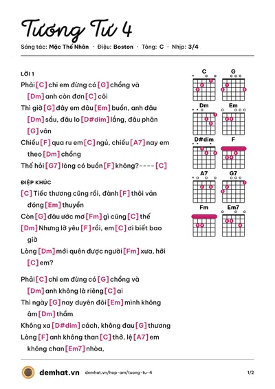 Hợp âm Tương Tư 4 (Sĩ Phú) – bản nhạc PDF trang 1, tông C