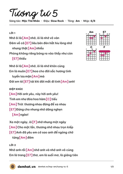 Hợp âm Tương tư 5 (Trúc Mai (trước 75)) – bản nhạc PDF trang 1, tông Am