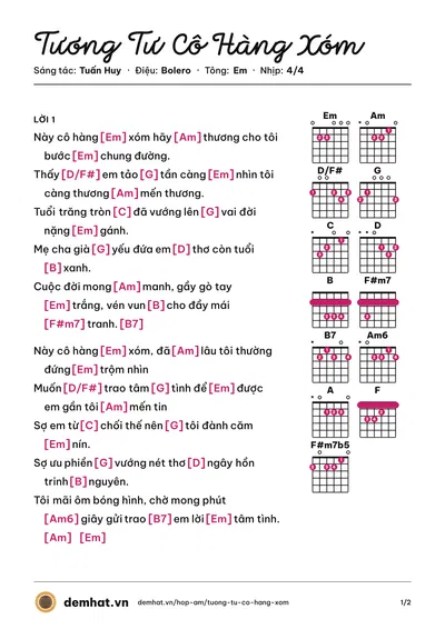 Hợp âm Tương Tư Cô Hàng Xóm (Quang Thành) – bản nhạc PDF trang 1, tông Em
