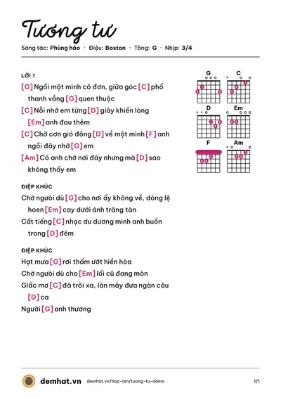 Hợp âm Tương tư (Quắn) – bản nhạc PDF trang 1, tông G