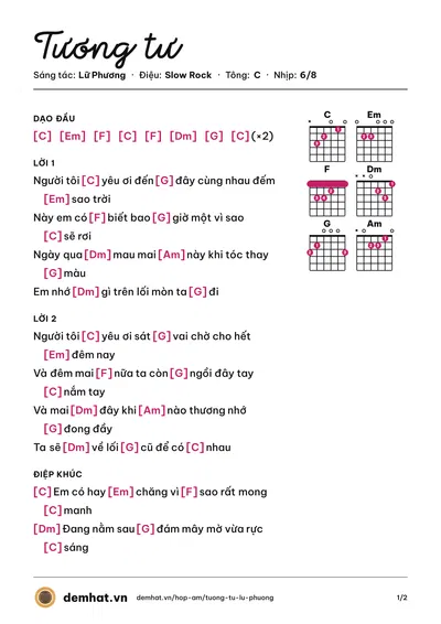 Hợp âm Tương tư (Lữ Phương) – bản nhạc PDF trang 1, tông C
