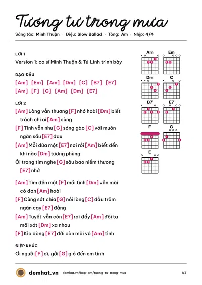 Hợp âm Tương tư trong mưa (Từ Linh) – bản nhạc PDF trang 1, tông Am