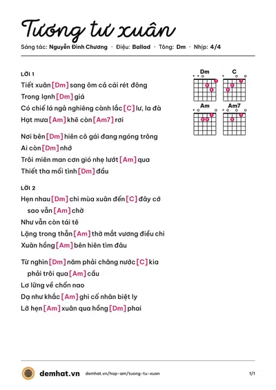 Hợp âm Tương tư xuân (Nguyễn Đình Chương) – bản nhạc PDF trang 1, tông Dm