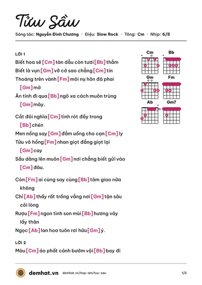 Hợp âm Tửu Sầu (Nguyễn Đình Chương) – bản nhạc PDF trang 1, tông Cm