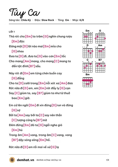 Hợp âm Túy Ca (Trường Vũ) – bản nhạc PDF trang 1, tông Em
