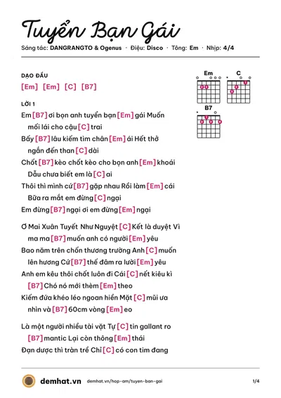 Hợp âm Tuyển Bạn Gái (DANGRANGTO) – bản nhạc PDF trang 1, tông Em