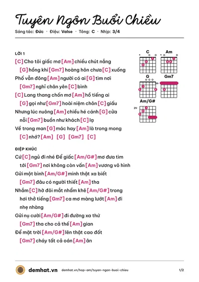 Hợp âm Tuyên Ngôn Buổi Chiều (Quyếch) – bản nhạc PDF trang 1, tông C