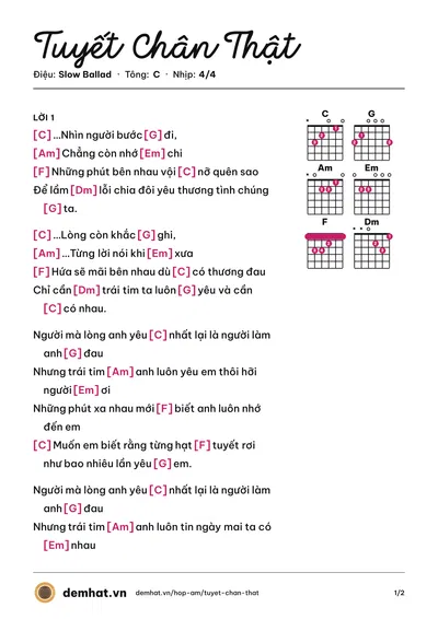 Hợp âm Tuyết Chân Thật (Khắc Việt) – bản nhạc PDF trang 1, tông C