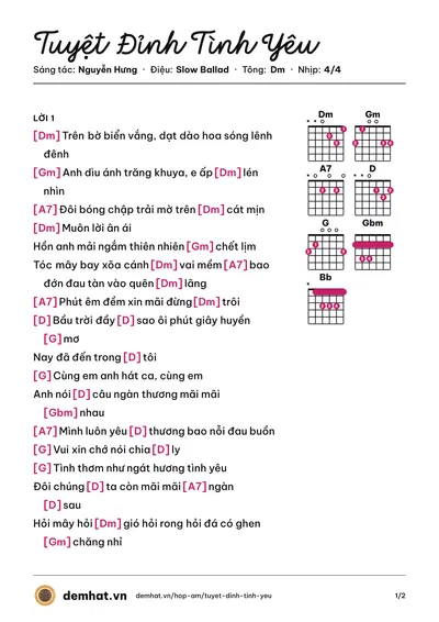 Hợp âm Tuyệt Đỉnh Tình Yêu (Nguyễn Hưng) – bản nhạc PDF trang 1, tông Dm