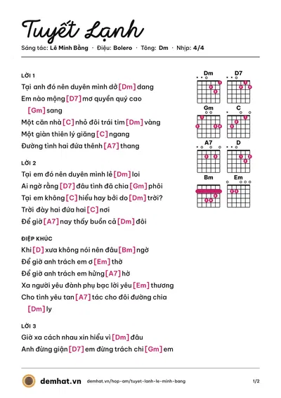 Hợp âm Tuyết Lạnh (Đặng Thế Luân) – bản nhạc PDF trang 1, tông Dm