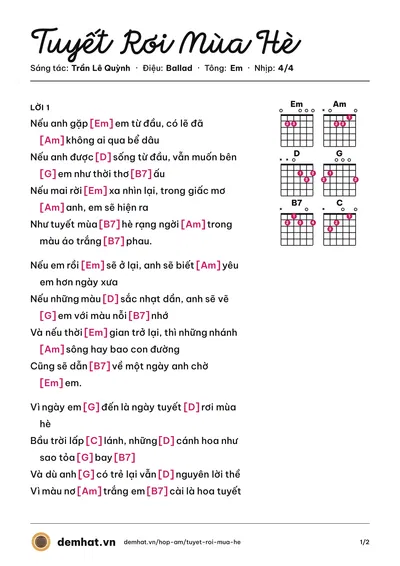 Hợp âm Tuyết Rơi Mùa Hè (Hà Anh Tuấn) – bản nhạc PDF trang 1, tông Em