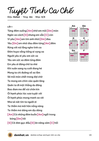 Hợp âm Tuyệt Tình Ca Chế (Cab) – bản nhạc PDF trang 1, tông Am