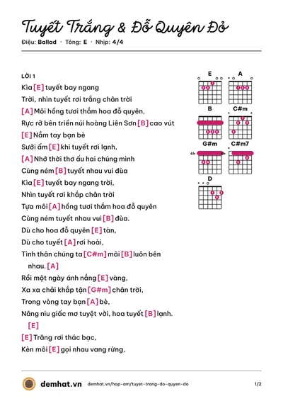 Hợp âm Tuyết Trắng & Đỗ Quyên Đỏ (Ngũ Cung) – bản nhạc PDF trang 1, tông E