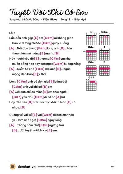 Hợp âm Tuyệt Vời Khi Có Em (Đan Trường) – bản nhạc PDF trang 1, tông E
