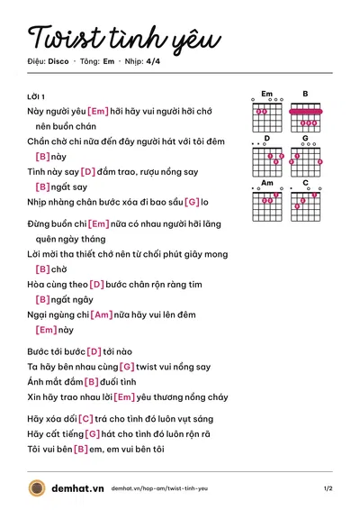 Hợp âm Twist tình yêu (Vũ Hà) – bản nhạc PDF trang 1, tông Em