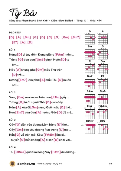 Hợp âm Tỳ Bà (Tấn Minh) – bản nhạc PDF trang 1, tông D