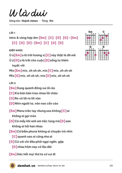 Hợp âm U là dui (Huỳnh James) – bản nhạc PDF trang 1, tông Em