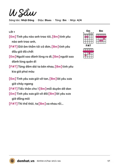 Hợp âm U Sầu (Thanh Ngọc) – bản nhạc PDF trang 1, tông Bm