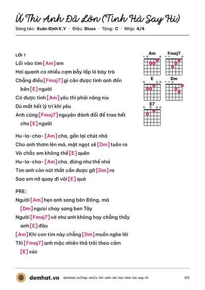 Hợp âm Ừ Thì Anh Đã Lớn (Tinh Hà Say Hi) (Xuân Định K.Y) – bản nhạc PDF trang 1, tông C