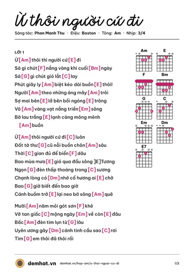 Hợp âm Ừ thôi người cứ đi (Thảo Hồ) – bản nhạc PDF trang 1, tông Am