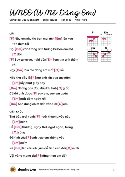 Hợp âm UMEE (U Mê Dáng Em) (H2K) – bản nhạc PDF trang 1, tông C