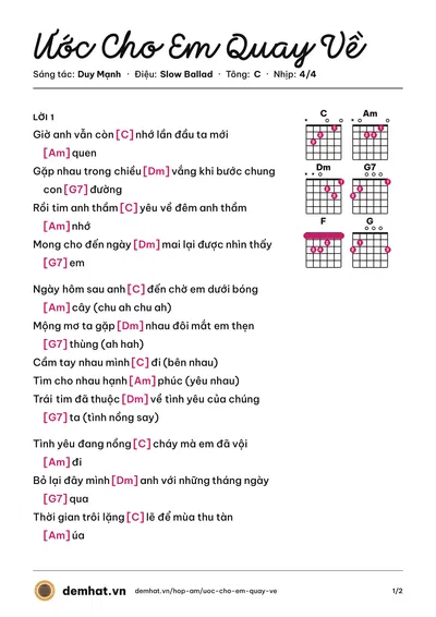 Hợp âm Ước Cho Em Quay Về (Duy Mạnh) – bản nhạc PDF trang 1, tông C