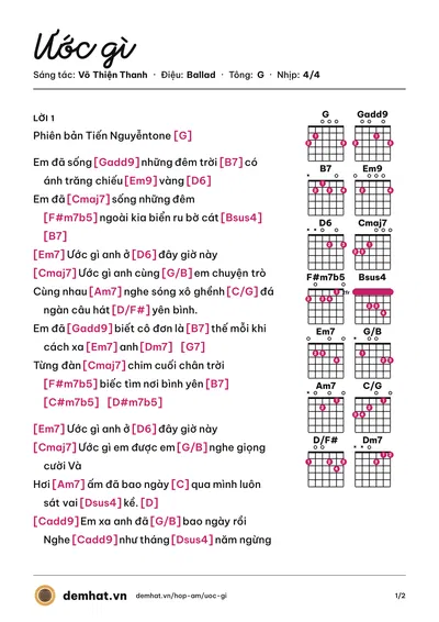 Hợp âm Ước gì (Mỹ Tâm) – bản nhạc PDF trang 1, tông G