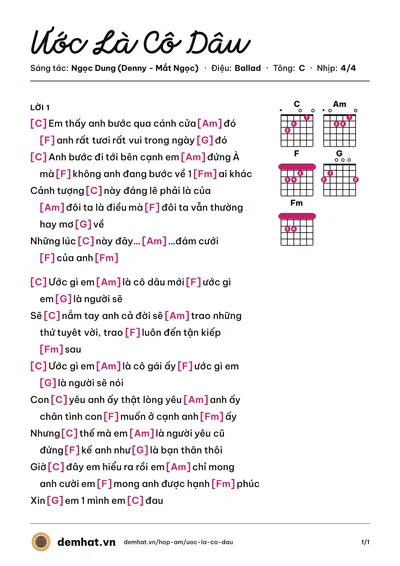 Hợp âm Ước Là Cô Dâu (Ngọc Dung (Denny - Mắt Ngọc)) – bản nhạc PDF trang 1, tông C