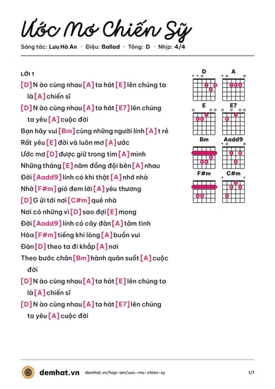 Hợp âm Ước Mơ Chiến Sỹ (Lê Thanh Thu) – bản nhạc PDF trang 1, tông D