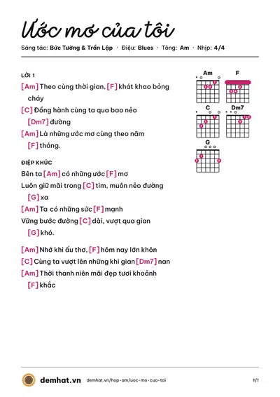 Hợp âm Ước mơ của tôi (Trần Lập) – bản nhạc PDF trang 1, tông Am